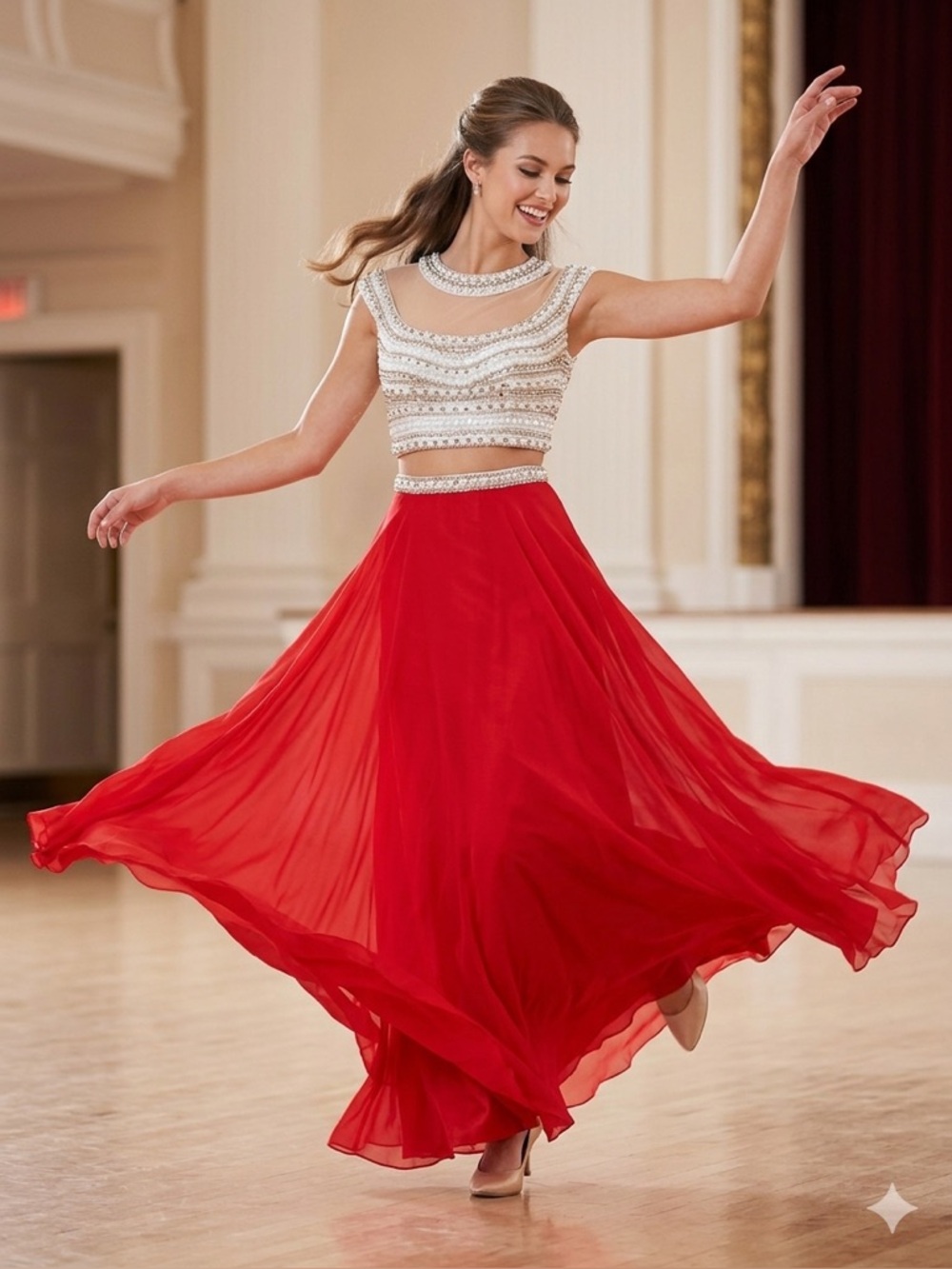 Cinderella Red White Beaded 2-Piece Formal Dress Set Size 6 Prom Gala